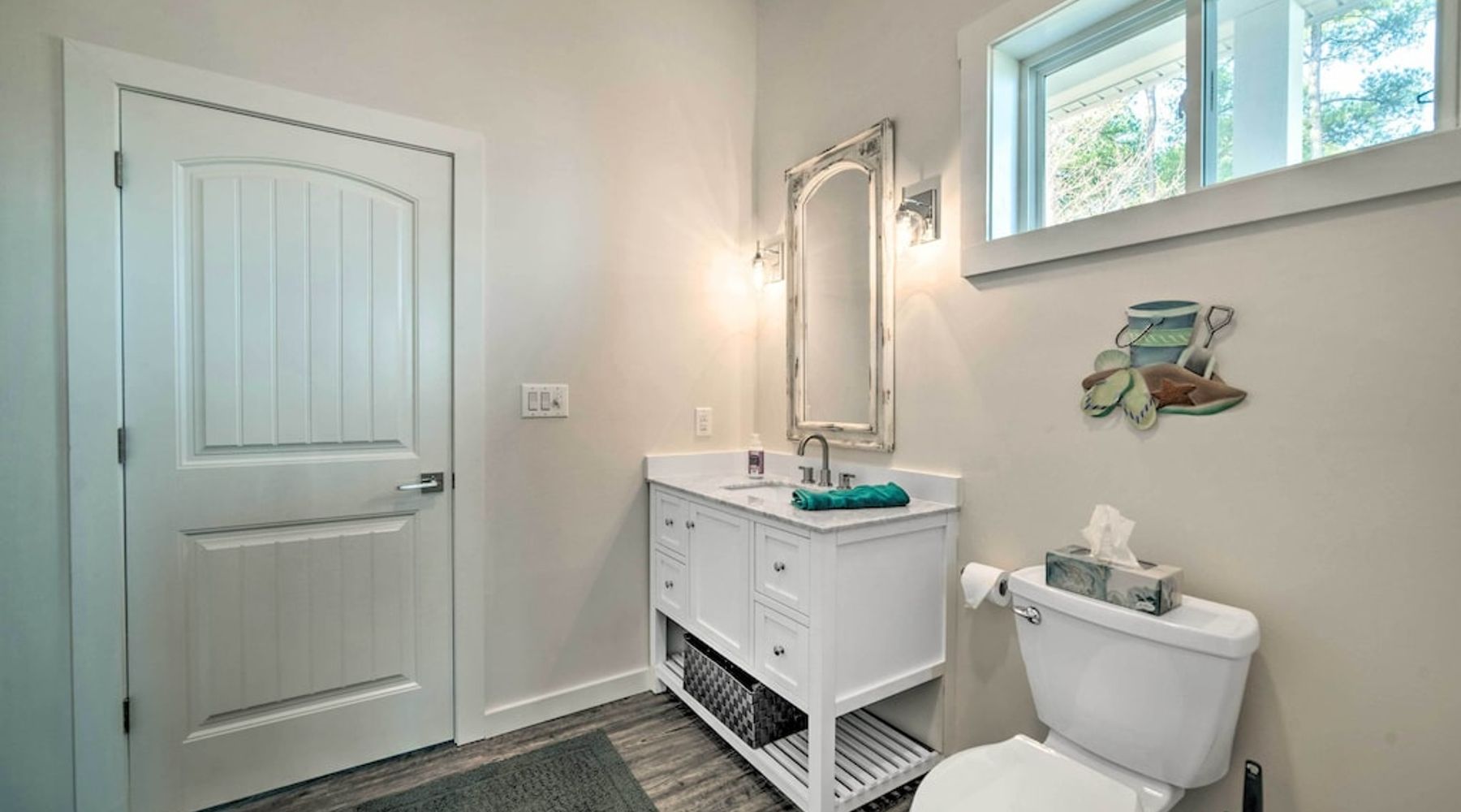 Use the half bath to freshen up.