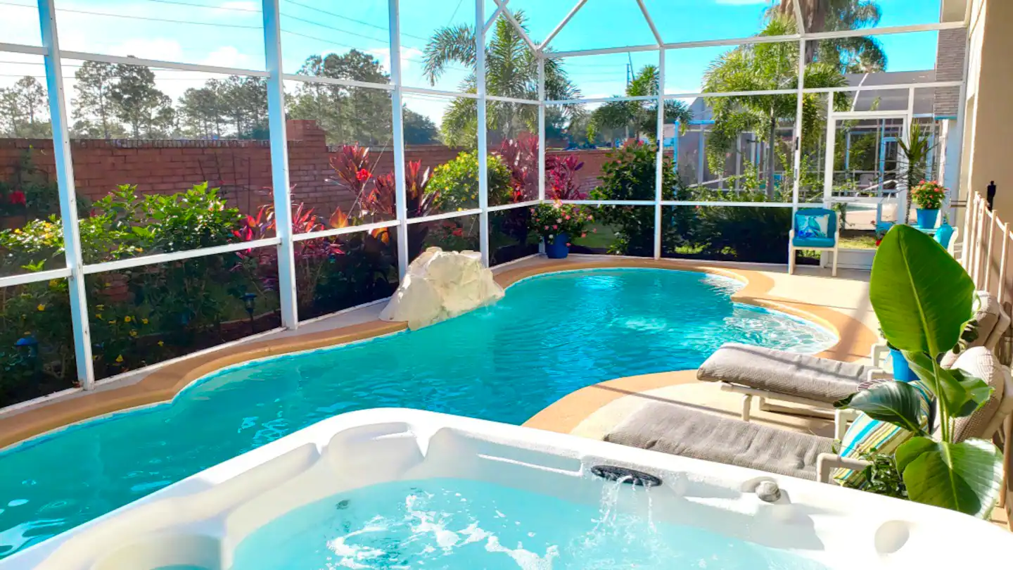 Mom and dad may relax in the 7-person hot tub after a long day at the amusement parks, while the kids swim around in full view..