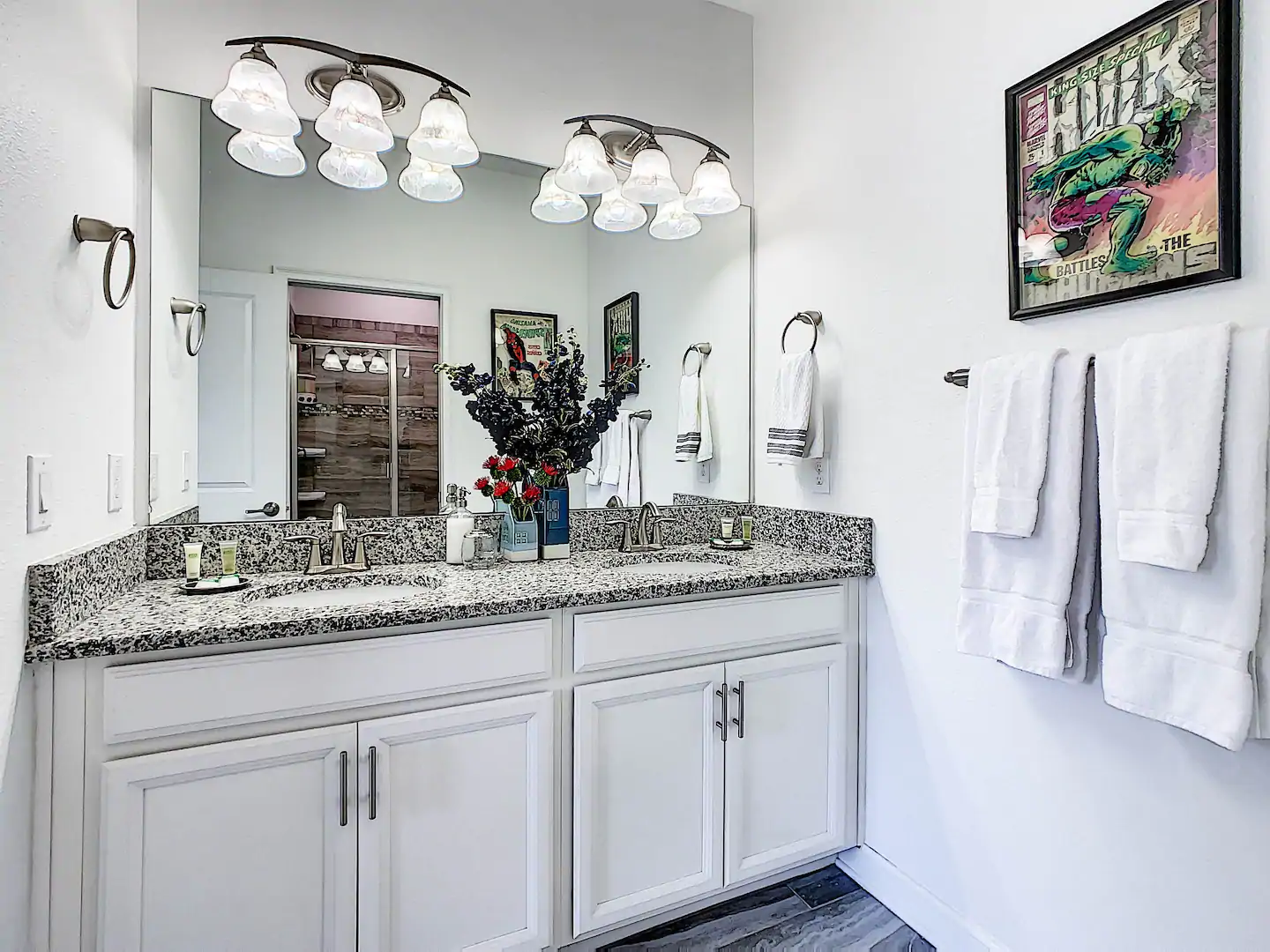 This is the master bathroom on the first level, and it has two vanity sinks.