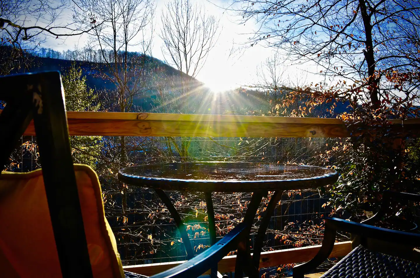 Upper deck winter view with two-person eating