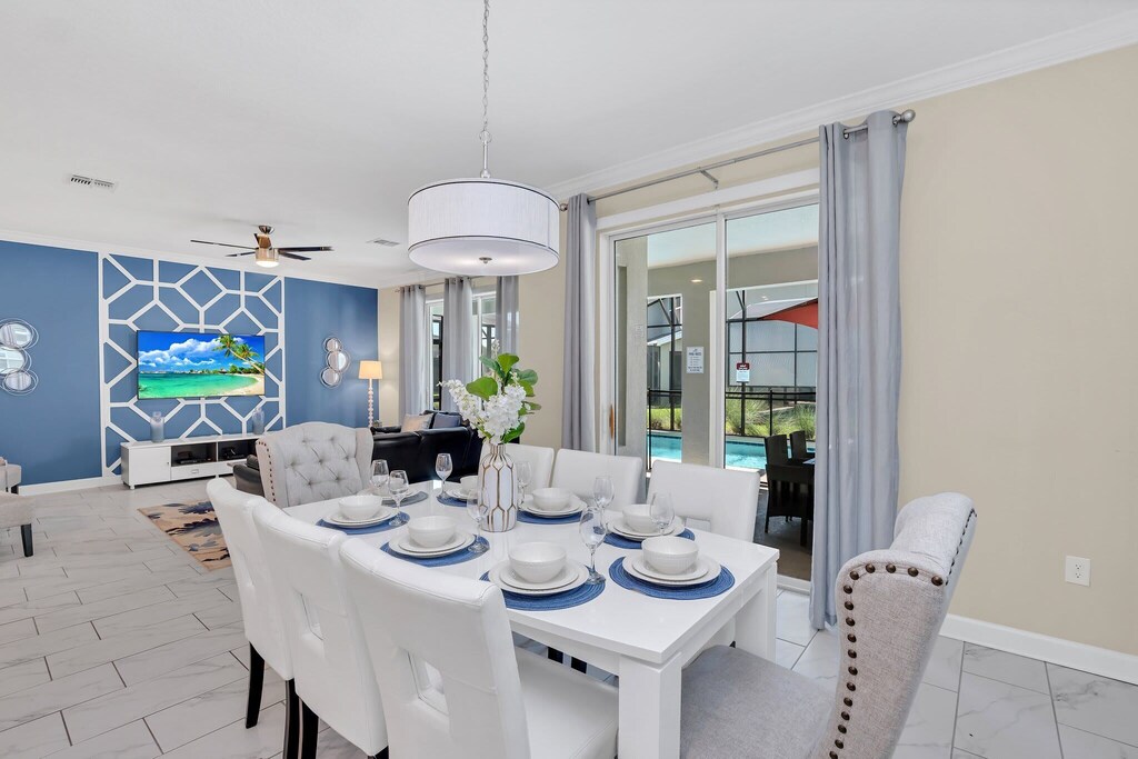 The dining area has plenty of space for people to visit and eat together.