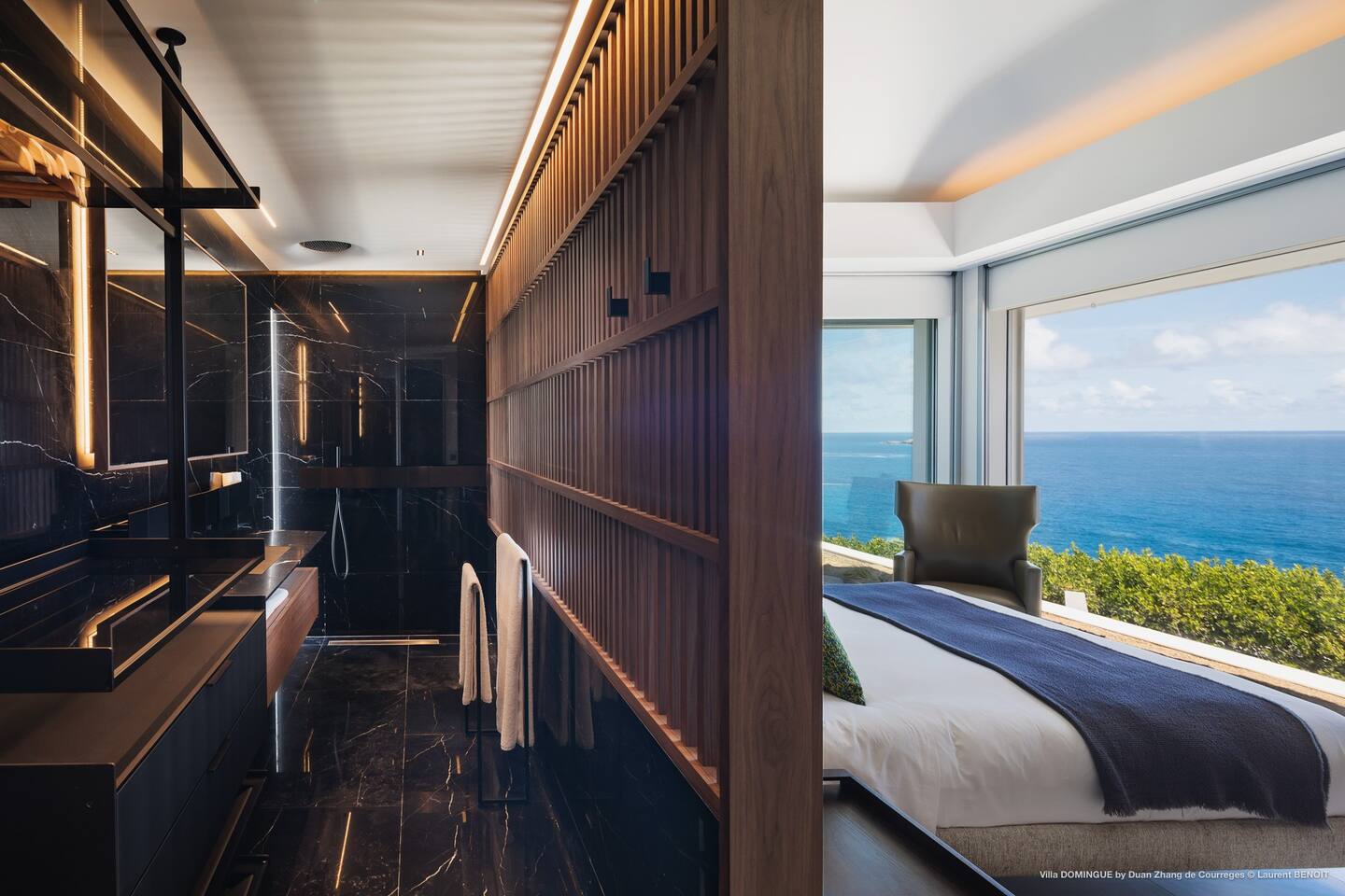 Side by side image showcasing a luxurious bedroom and an adjoining bathroom in the villa, featuring modern decor and elegant furnishings.