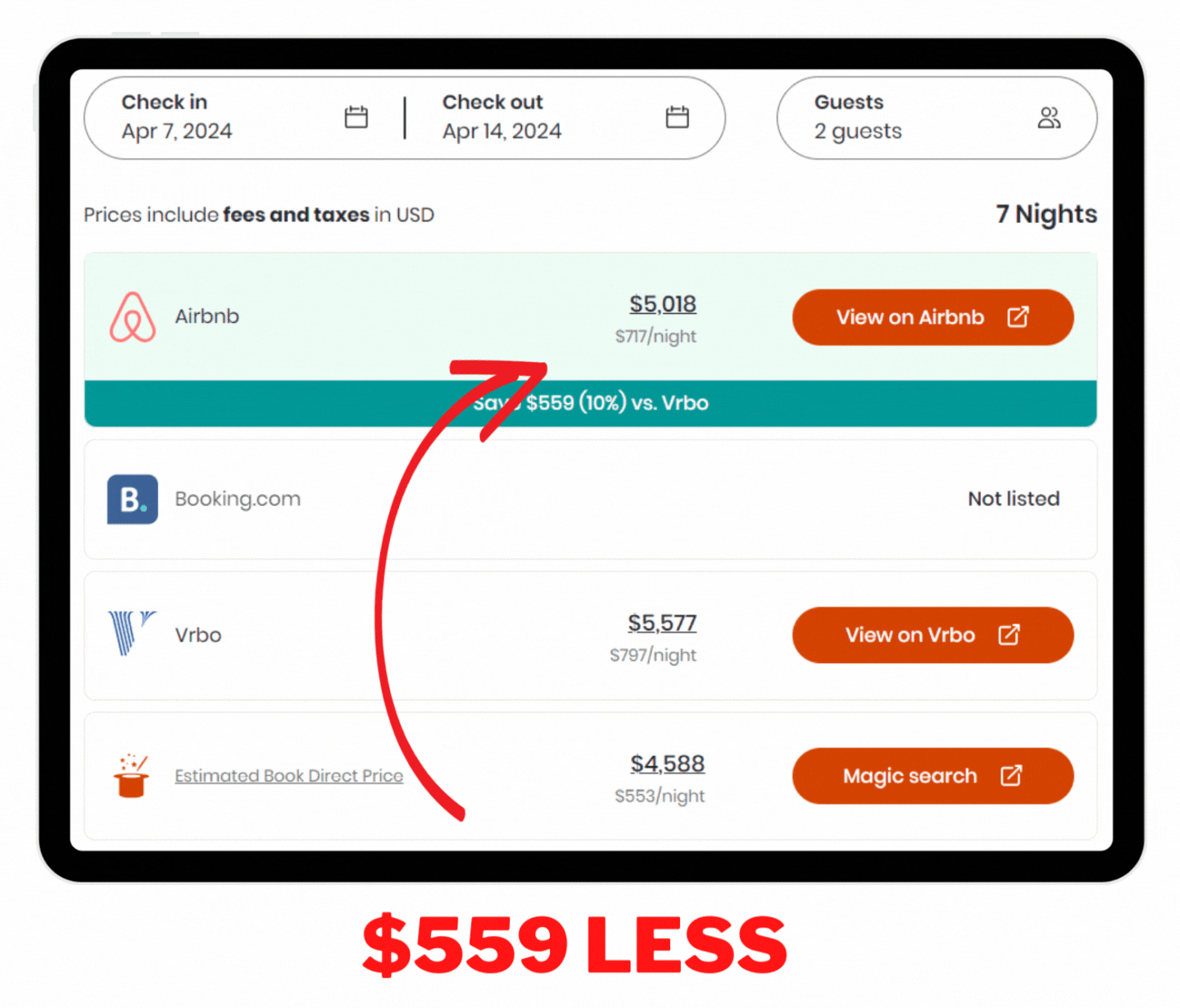 This beachside retreat on VRBO caught my eye, but before committing, I decided to HiChee it. Guess what? Found it on Airbnb, and it's $559 cheaper there! Booking through Booking.com means more cash for beachside BBQs. Cheers to smart booking!