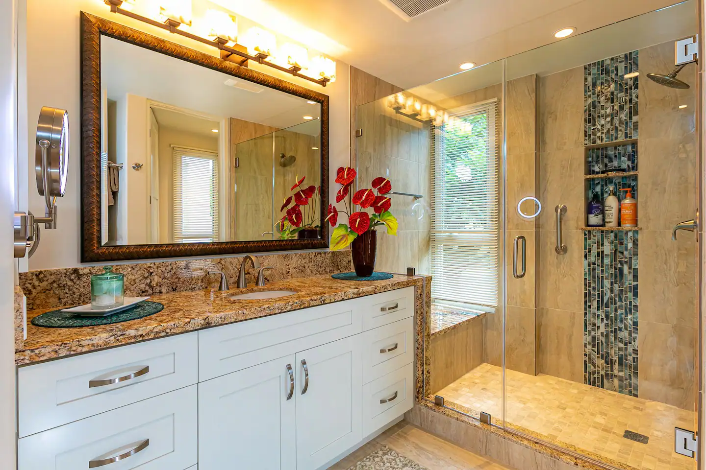 Large bathroom equipped with essentials